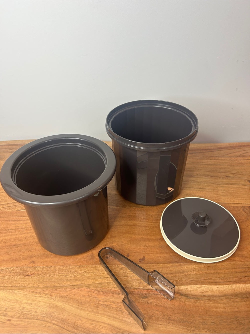 Vintage Tupperware Ice Bucket 4 Piece Set Smoked Brown w/ Lid & Tongs